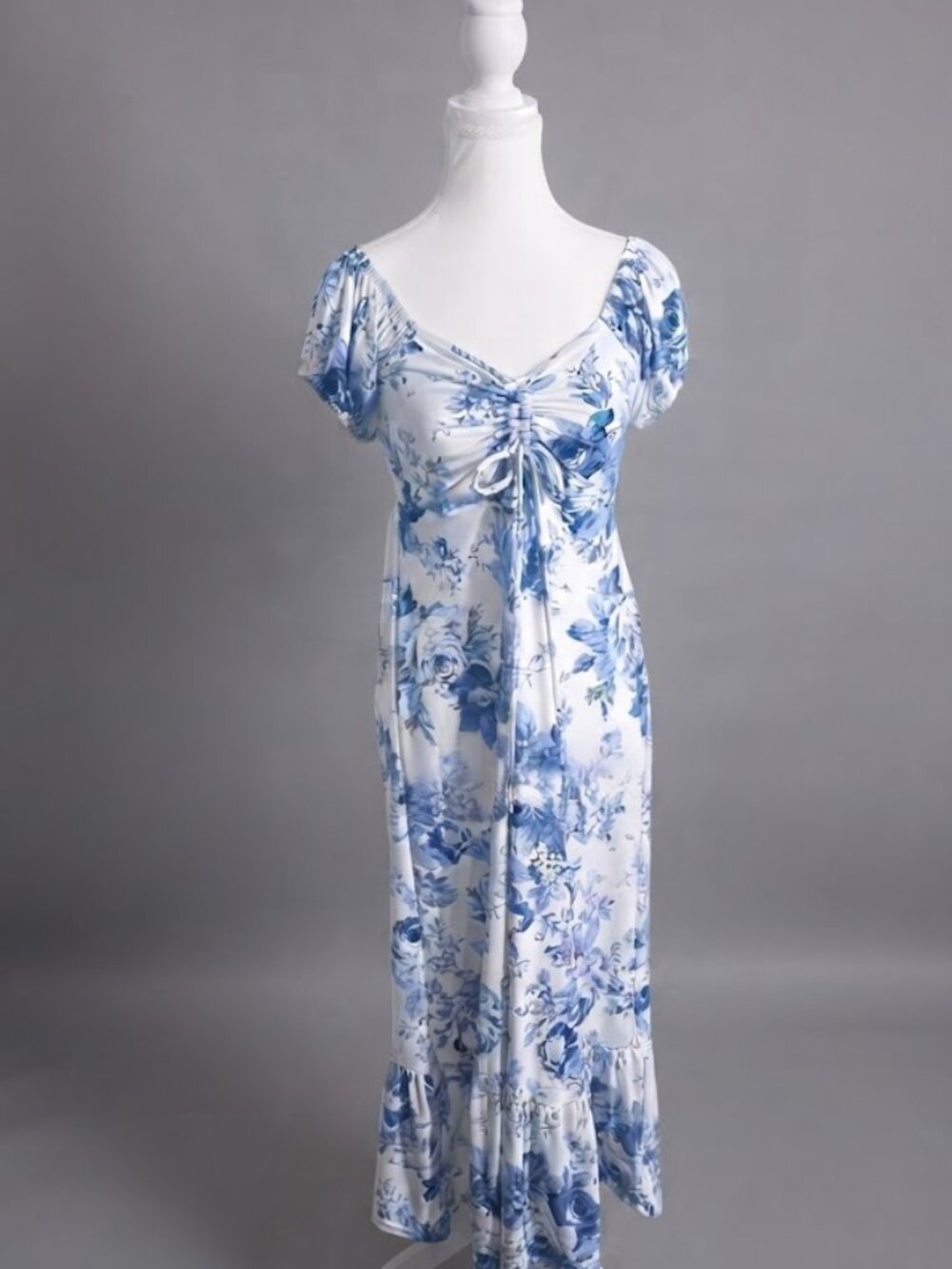 INC International Concepts Blue & White Floral Ruched Midi Dress – Size S